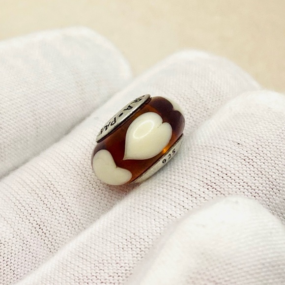 EUC Pandora 790662 Sterling Silver Amber Murano Glass Charm w/ Beige Hearts - Picture 5 of 8